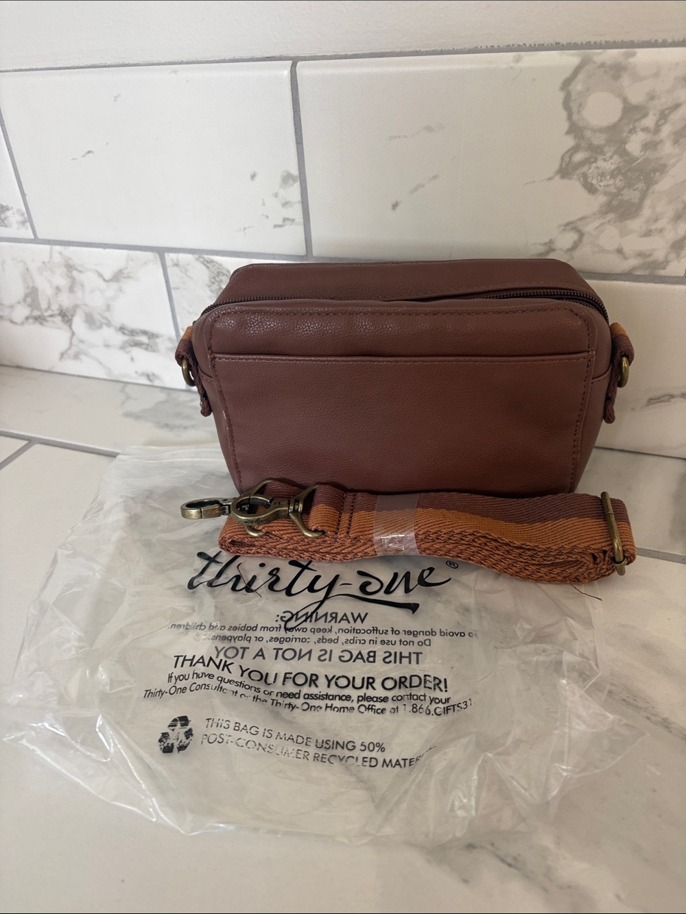 thirty-one Brown Pebbled Leather Crossbody Bag with Striped Strap
